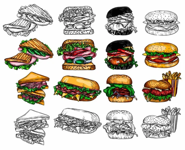 Raster fast food illustrations in the style of the sketch. Burgers, pizza, sandwiches, fries, burgers. High-quality detailed drawing of elements.