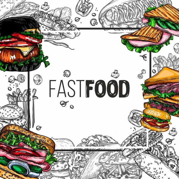 Çizim tarzında bir fast food çizimi. Hamburger, pizza, sandviç, patates kızartması, hamburger. Elementlerin yüksek kaliteli detaylı çizimi.