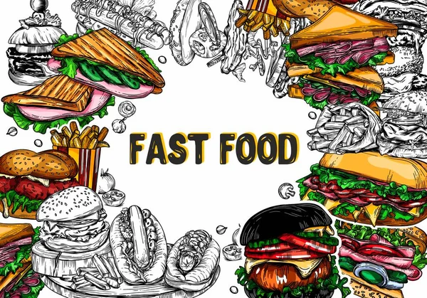 Çizim tarzında bir fast food çizimi. Hamburger, pizza, sandviç, patates kızartması, hamburger. Elementlerin yüksek kaliteli detaylı çizimi.