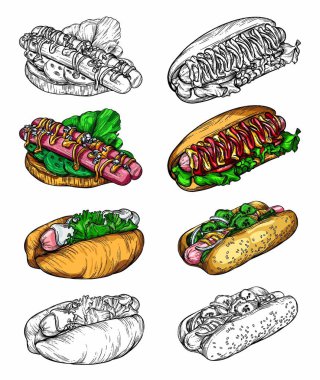 Fast food 'un robot resim tarzındaki vektör çizimi. Hamburger, pizza, sandviç, patates kızartması, hamburger. Elementlerin yüksek kaliteli detaylı çizimi.