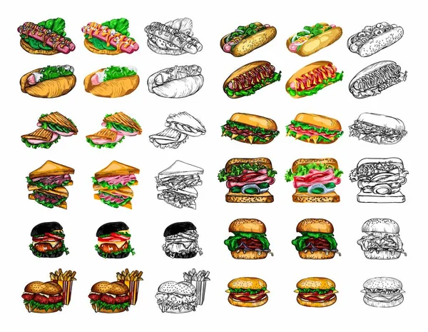 Illustrazione Vettoriale Fast Food Nello Stile Dello Schizzo Hamburger Pizza — Vettoriale Stock