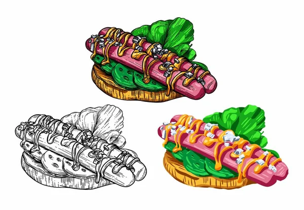 Векторна Ілюстрація Фаст Фуду Стилі Ескізу Бургери Піца Бутерброди Картопля — стоковий вектор