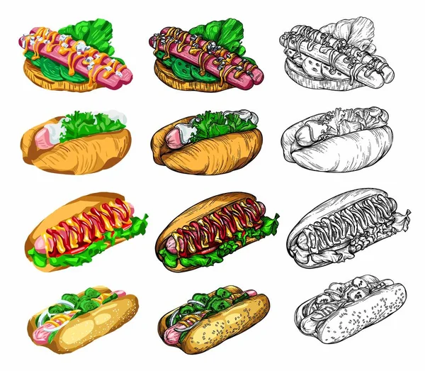 음식에 그림은 스케치의 스타일로 그려졌다 샌드위치 감자튀김 햄버거 고품질의 — 스톡 벡터