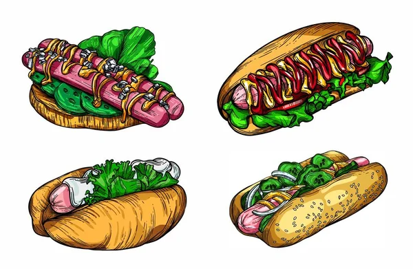 Wektor Ilustracji Fast Food Stylu Szkicu Burgery Pizza Kanapki Frytki — Wektor stockowy