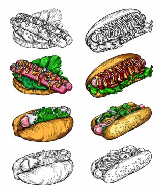Çizim tarzında fast food 'un Raster çizimi. Hamburger, pizza, sandviç, patates kızartması, sosisli sandviç. Elementlerin yüksek kaliteli detaylı çizimi.