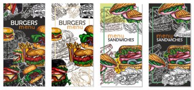 Çizim tarzında fast food 'un Raster çizimi. Hamburger, pizza, sandviç, patates kızartması, sosisli sandviç. Elementlerin yüksek kaliteli detaylı çizimi.
