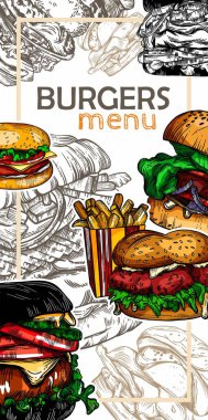 Fast food 'un robot resim tarzındaki vektör çizimi. Hamburger, pizza, sandviç, patates kızartması, hamburger. Elementlerin yüksek kaliteli detaylı çizimi.