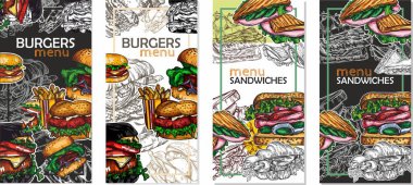 Fast food 'un robot resim tarzındaki vektör çizimi. Hamburger, pizza, sandviç, patates kızartması, hamburger. Elementlerin yüksek kaliteli detaylı çizimi.