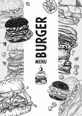 Fast food bitmap renkli afişler çiziyor. El yapımı hamburger, sandviç ve patates kızartması dizayn et.