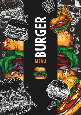 Fast food bitmap renkli afişler çiziyor. El yapımı hamburger, sandviç ve patates kızartması dizayn et.