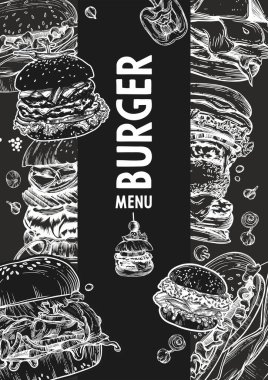 Çizim vektörü fast food renkli afişler. El yapımı hamburger, sandviç ve patates kızartması dizayn et.