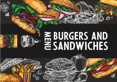 Çizim vektörü fast food renkli afişler. El yapımı hamburger, sandviç ve patates kızartması dizayn et.