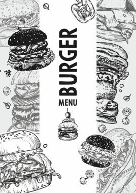 Çizim vektörü fast food renkli afişler. El yapımı hamburger, sandviç ve patates kızartması dizayn et.