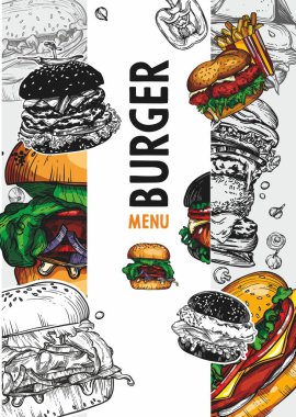 Çizim vektörü fast food renkli afişler. El yapımı hamburger, sandviç ve patates kızartması dizayn et.