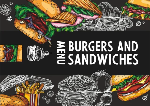 Skizzieren Sie Vektor Fast Food Bunte Banner Design Vorlagen Mit — Stockvektor