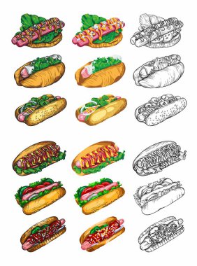 Sanatsal tarzda büyük bir sosisli sandviç seti. Ayrıntıların ve elementlerin yüksek çizimi.