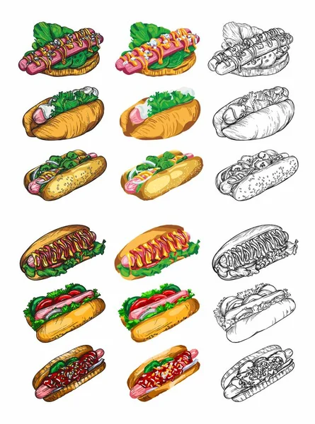 Egy Nagy Készlet Hot Dog Vázlatok Artline Stílusban Részletek Elemek — Stock Fotó
