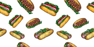 Çizim tarzında büyük bir hamburger, sandviç ve sosisli çizimi. Kusursuz desen. Ayrıntıların ve elementlerin yüksek çizimi.