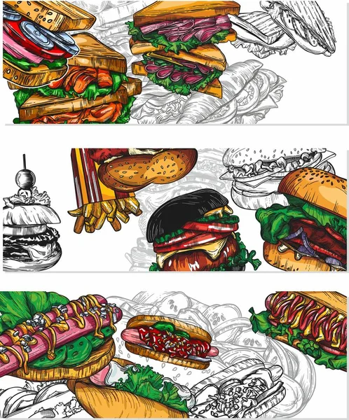 패스트푸드와 깃발로 이루어진 커버를 스케치 손으로 샌드위치 핫도그로 템플릿을 디자인하는 — 스톡 벡터