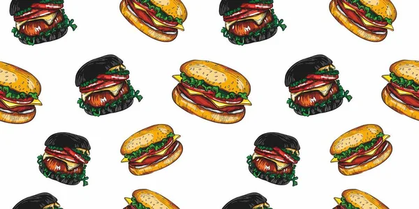 一系列艺术风格的汉堡包 三明治和热狗的草图 无缝图案 细节和要素的高度绘制 — 图库矢量图片