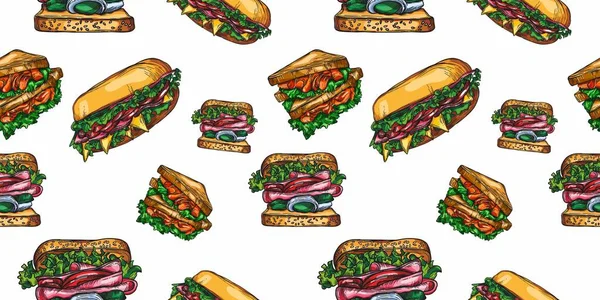 Velký Soubor Náčrtků Hamburgerů Sendvičů Hotdogů Artline Stylu Bezproblémový Vzorec — Stockový vektor
