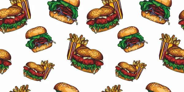 アートラインスタイルのハンバーガー サンドイッチ ホットドッグの大規模なスケッチのセット シームレスなパターン 詳細と要素の高図面 — ストックベクタ