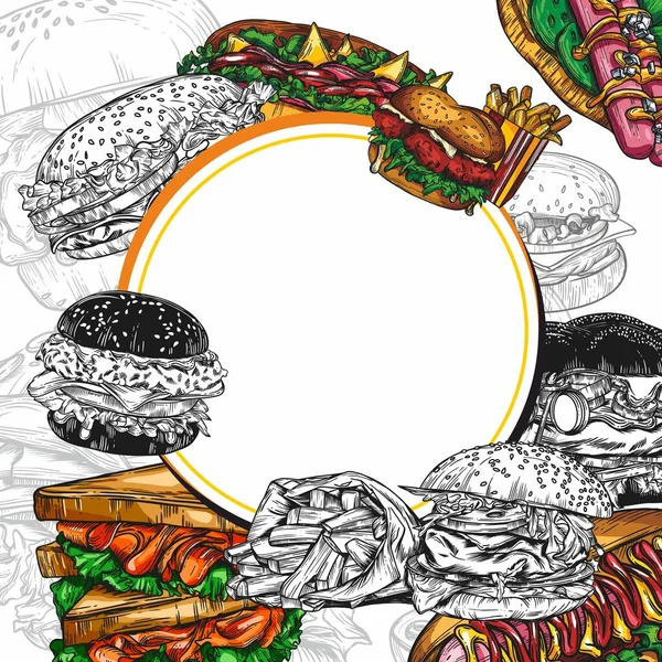 ファーストフード カラフルなバナーのベクトルカバーのスケッチ 手描きのバーガー サンドイッチ ホットドッグ付きのデザインテンプレート — ストックベクタ