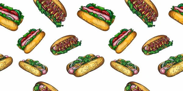 一系列艺术风格的汉堡包 三明治和热狗的草图 无缝图案 细节和要素的高度绘制 — 图库照片