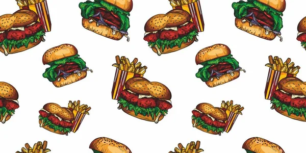 アートラインスタイルのハンバーガー サンドイッチ ホットドッグの大規模なスケッチのセット シームレスなパターン 詳細と要素の高図面 — ストック写真