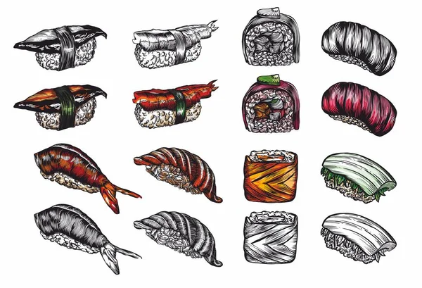 Gran Conjunto Bocetos Rollos Sushi Estilo Artline Alto Dibujo Detalles — Archivo Imágenes Vectoriales