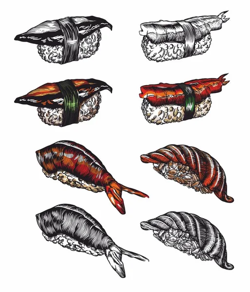 Gran Conjunto Bocetos Rollos Sushi Estilo Artline Alto Dibujo Detalles — Archivo Imágenes Vectoriales