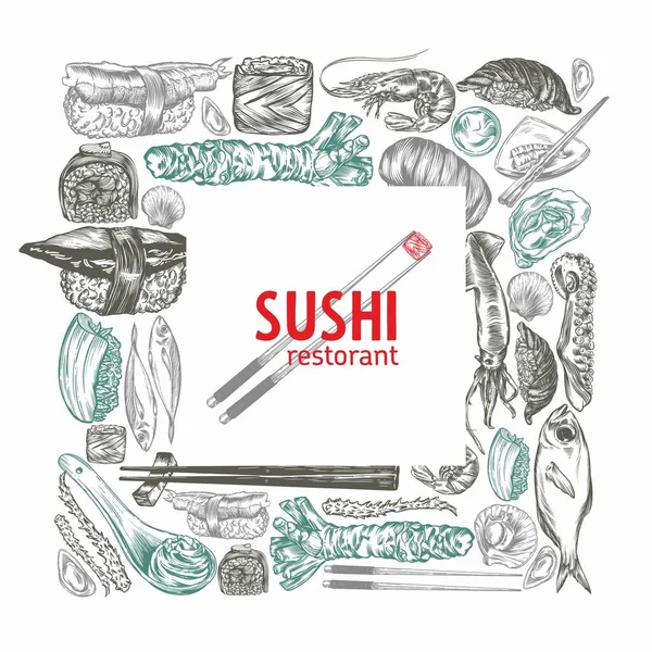 日本と中国の料理 ロール カラフルなバナーのスケッチ 手描き寿司 巻き寿司 中華料理 和食のデザインテンプレート 線形パターンだ — ストックベクタ