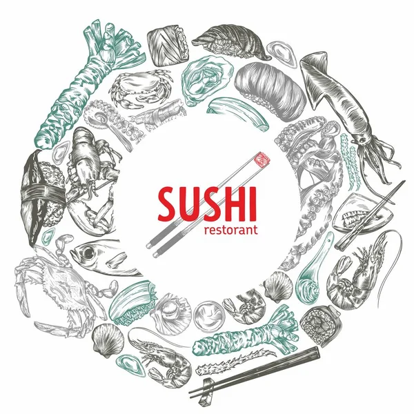 Esquisse Cuisine Japonaise Chinoise Petits Pains Sushis Bannières Colorées Modèles — Image vectorielle