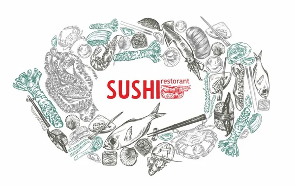 Schets Van Japanse Chinese Keuken Broodjes Sushi Kleurrijke Spandoeken Design — Stockvector