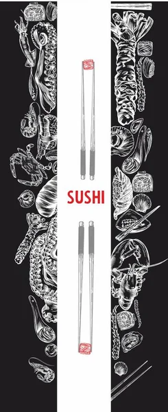 Schets Van Japanse Chinese Keuken Broodjes Sushi Kleurrijke Spandoeken Design — Stockvector