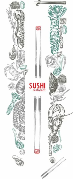 Schets Van Japanse Chinese Keuken Broodjes Sushi Kleurrijke Spandoeken Design — Stockvector