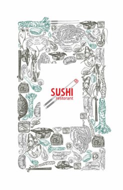 Japon ve Çin mutfağı, rulo, suşi, renkli afişler. El yapımı deniz ürünleri, ıstakoz, midye, suşi, rulo Çin yemeği, Japon yemeği. Doğrusal bir model. Yüksek ayrıntı.