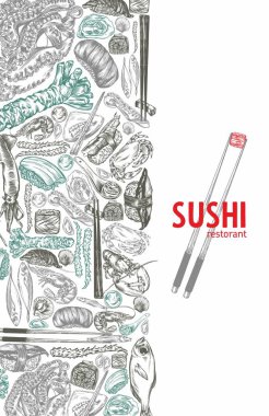 Japon ve Çin mutfağı, rulo, suşi, renkli afişler. El yapımı deniz ürünleri, ıstakoz, midye, suşi, rulo Çin yemeği, Japon yemeği. Doğrusal bir model. Yüksek ayrıntı.