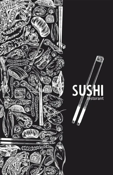 Sketch of Japanese and Chinese cuisine, rolls, sushi, colorful banners. Design templates with hand-drawn seafood, lobsters, mussels, sushi, rolls, Chinese food, Japanese food. A linear pattern. High detail.