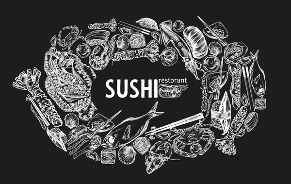 Schets Van Japanse Chinese Keuken Broodjes Sushi Kleurrijke Spandoeken Design — Stockfoto