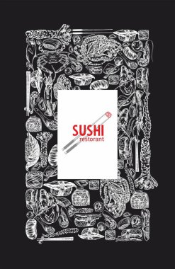 Japon ve Çin mutfağı, rulo, suşi, renkli afişler. El yapımı suşi, rulo, Çin yemeği ve Japon yemeği tasarımı. Doğrusal bir model. Yüksek ayrıntı.