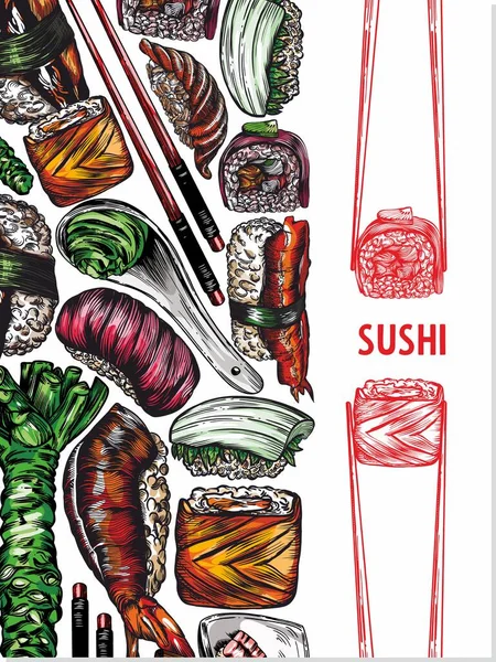 Raster Graphics Van Sushi Broodjes Zeevruchten Banner Schetsen Patroon Print — Stockfoto