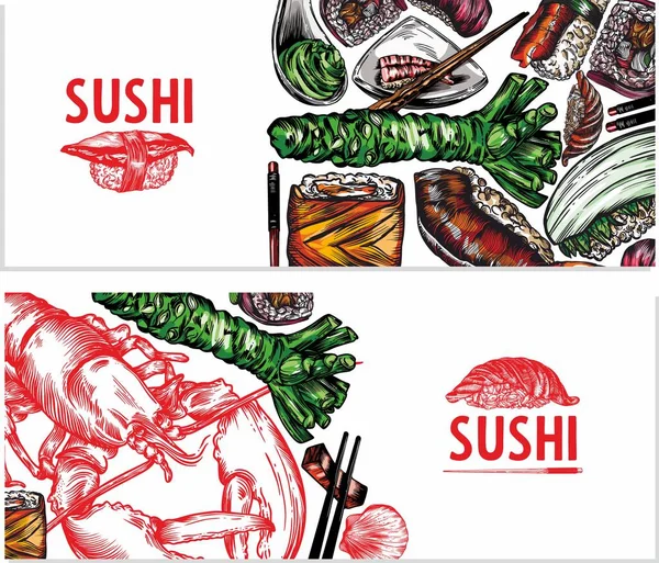 Raster Graphics Van Sushi Broodjes Zeevruchten Banner Schetsen Patroon Print — Stockfoto