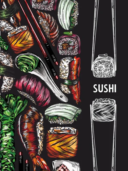 Rastrová Grafika Sushi Rohlíků Mořských Plodů Náčrtků Vzor Tisk Obal — Stock fotografie