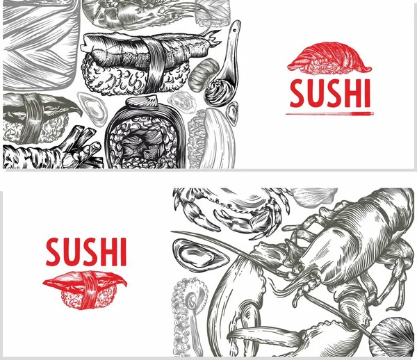 Gráficos Vetoriais Sushi Rolos Frutos Mar Esboços Banner Padrão Impressão — Vetor de Stock