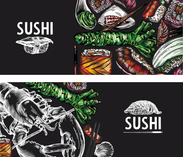 Graphiques Vectoriels Couleurs Sushi Rouleaux Fruits Mer Croquis Bannière Modèle — Image vectorielle