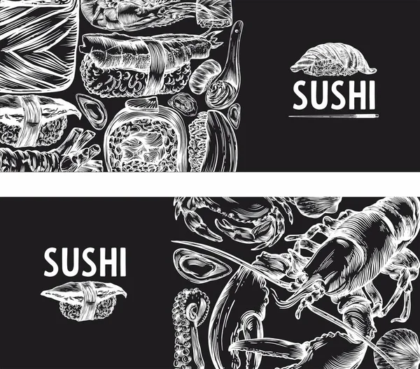 Vector Graphics Van Sushi Broodjes Zeevruchten Banner Schetsen Patroon Print — Stockvector