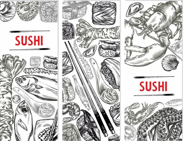 Vector Graphics Van Sushi Broodjes Zeevruchten Banner Schetsen Patroon Print — Stockvector