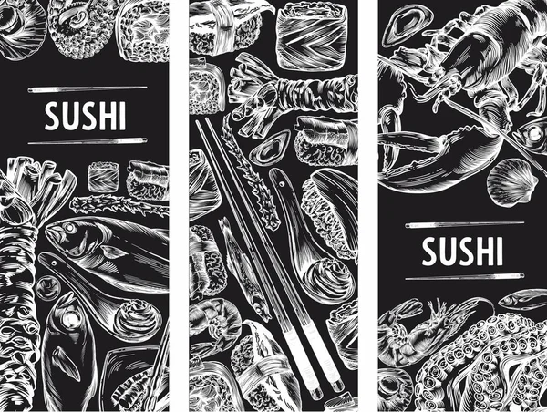 Gráficos Vetoriais Sushi Rolos Frutos Mar Esboços Banner Padrão Impressão — Vetor de Stock