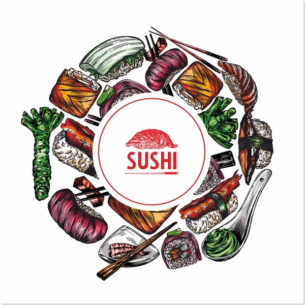 Graphiques Vectoriels Couleurs Sushi Rouleaux Fruits Mer Croquis Bannière Modèle — Image vectorielle